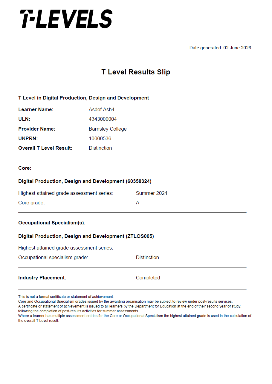 Sample T Level results slip for learners