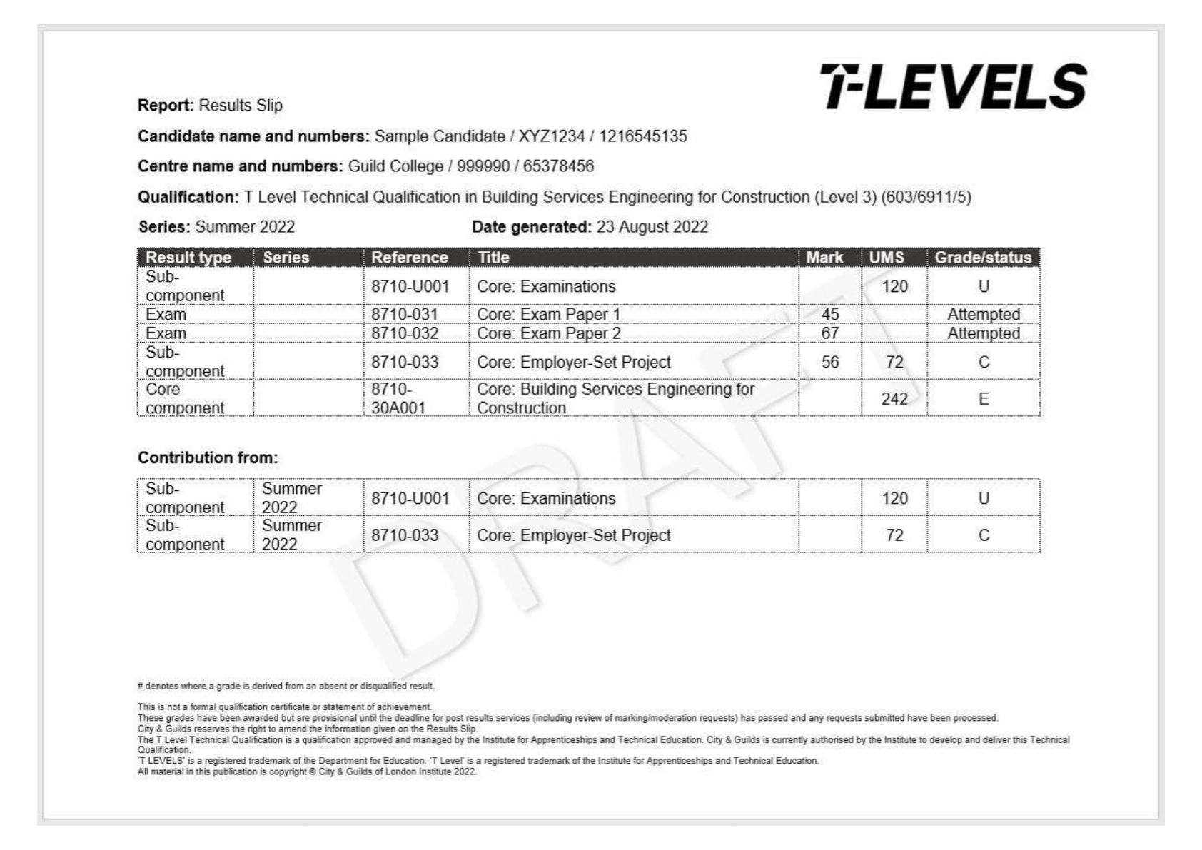 Sample result slips T Levels support for schools and colleges