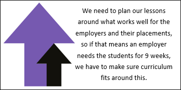 T Level logoed image with provider quote We need to plan our lessons around what works well for the empoyers and their placements, so if that means an employer needs the students for 9 weeks, we have to make sure curriculum fits around this= 